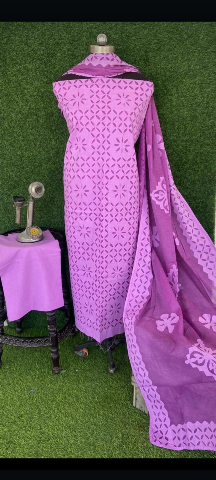 applique work cotton un stitched dress material work on top and bottom in lavender color