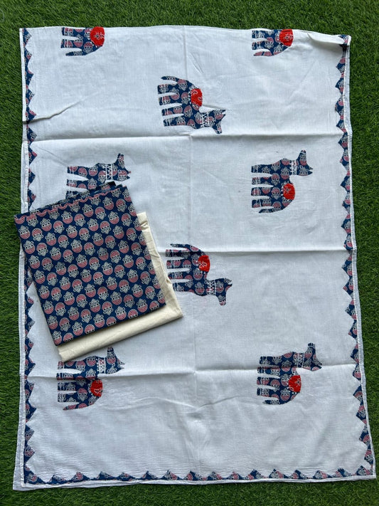 white dupatta with ajrakh print camel patch work
