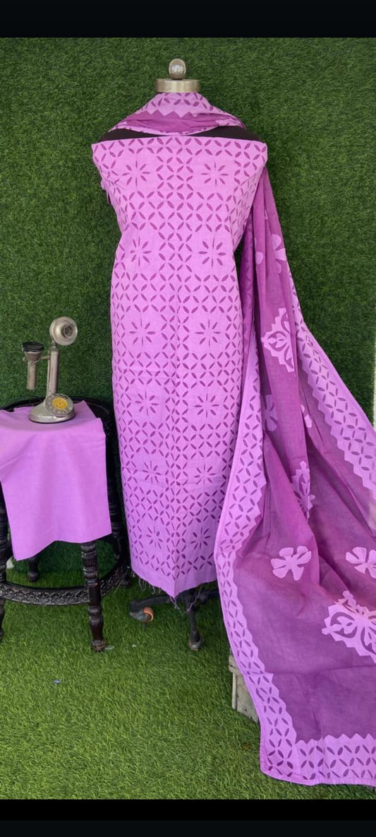 applique work cotton un stitched dress material work on top and bottom in lavender color 