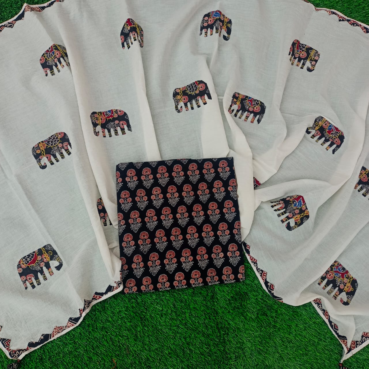 Ajrakh print suits with patch work dupatta