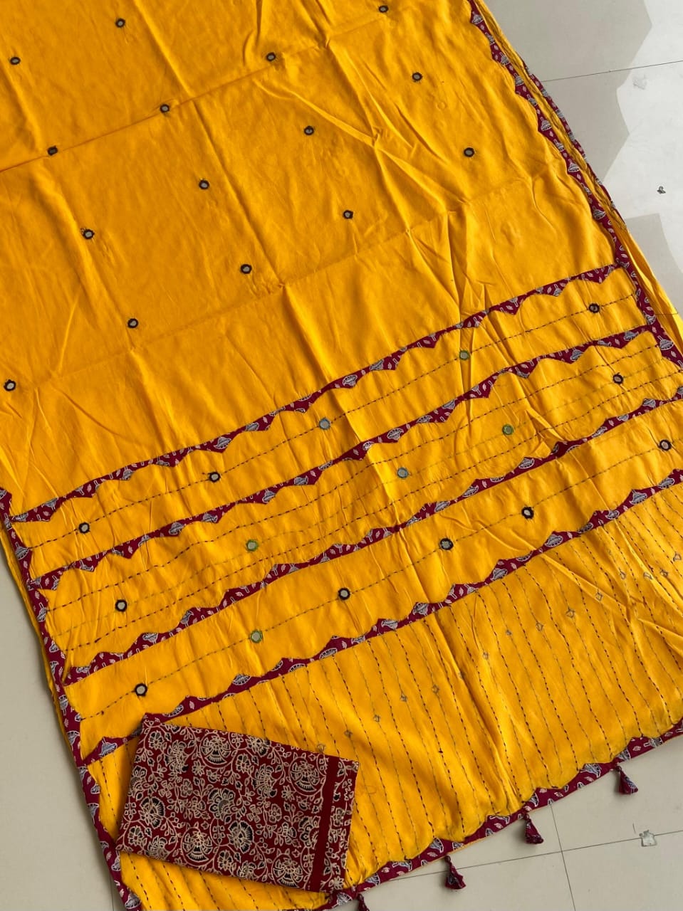 ajrakh print hand work saree