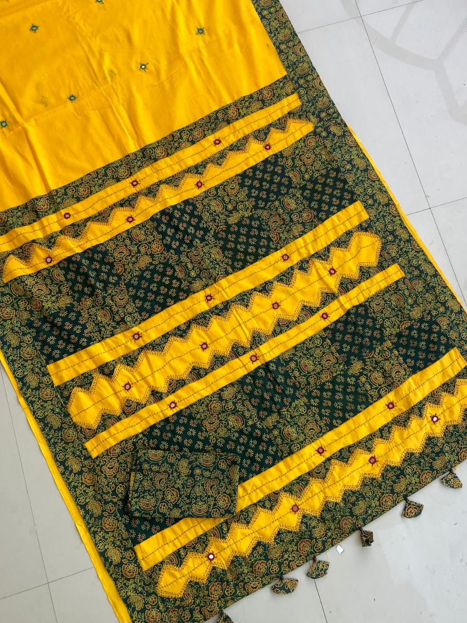 ajrakh print hand work saree