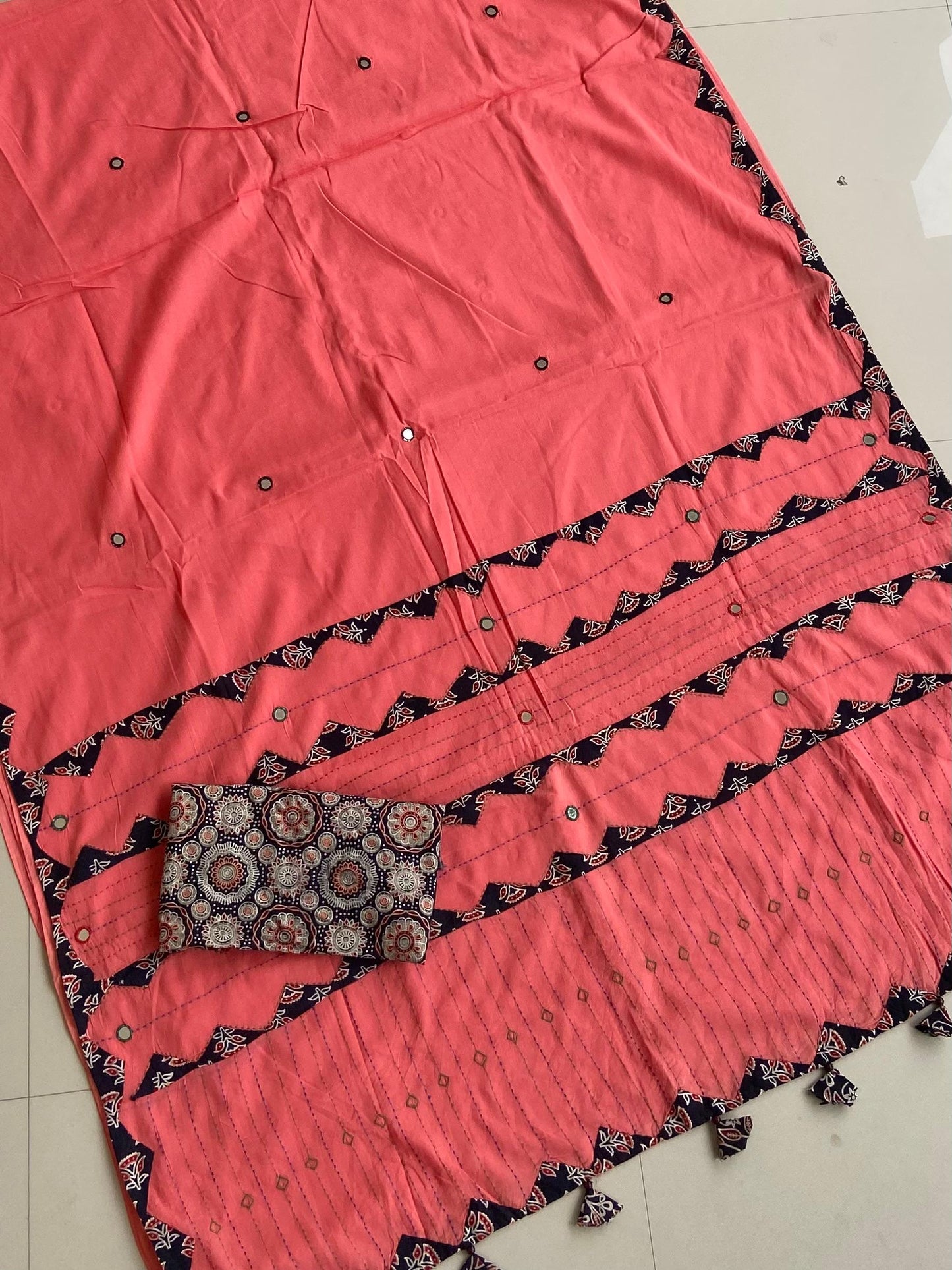 ajrakh print hand work saree