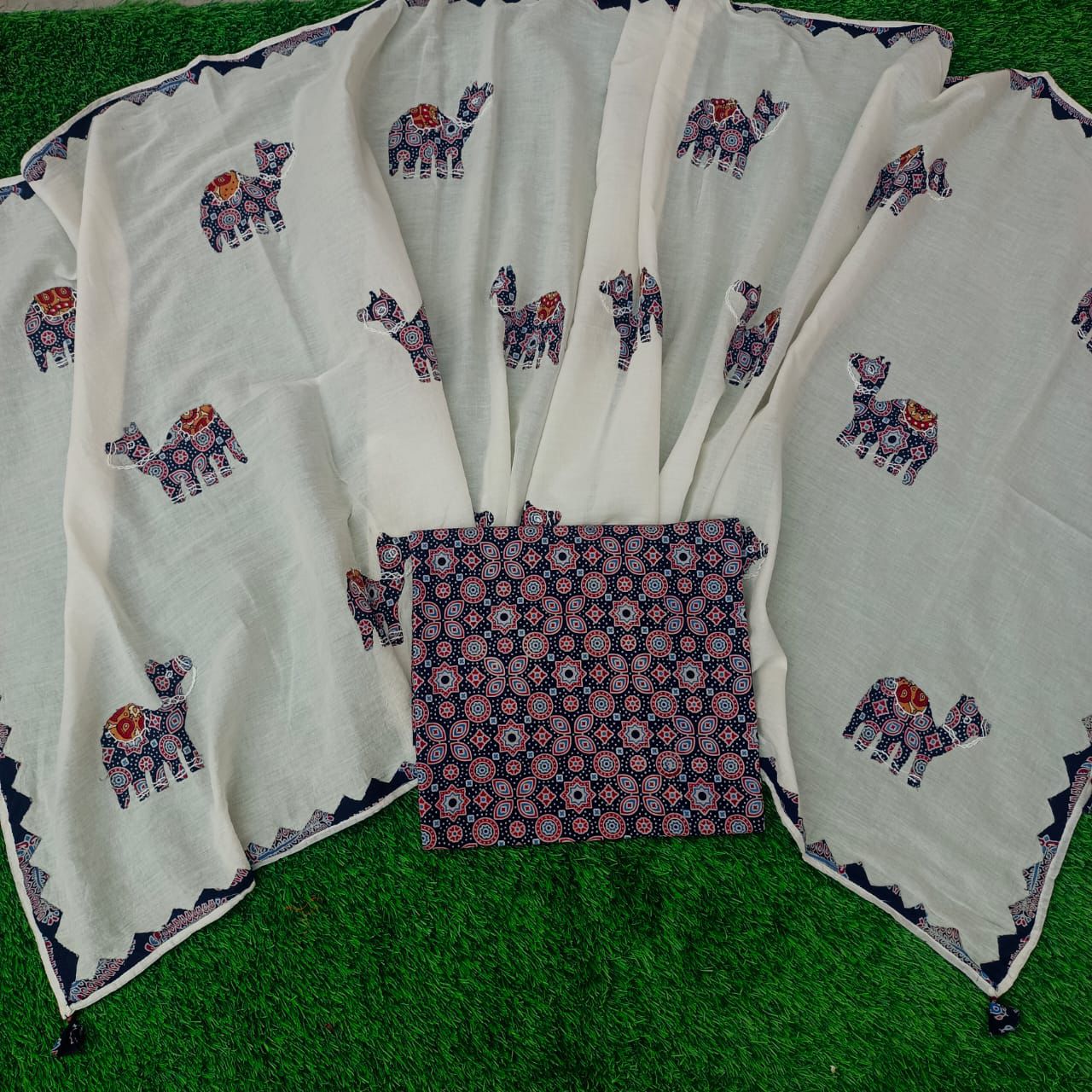 Ajrakh print suits with patch work dupatta