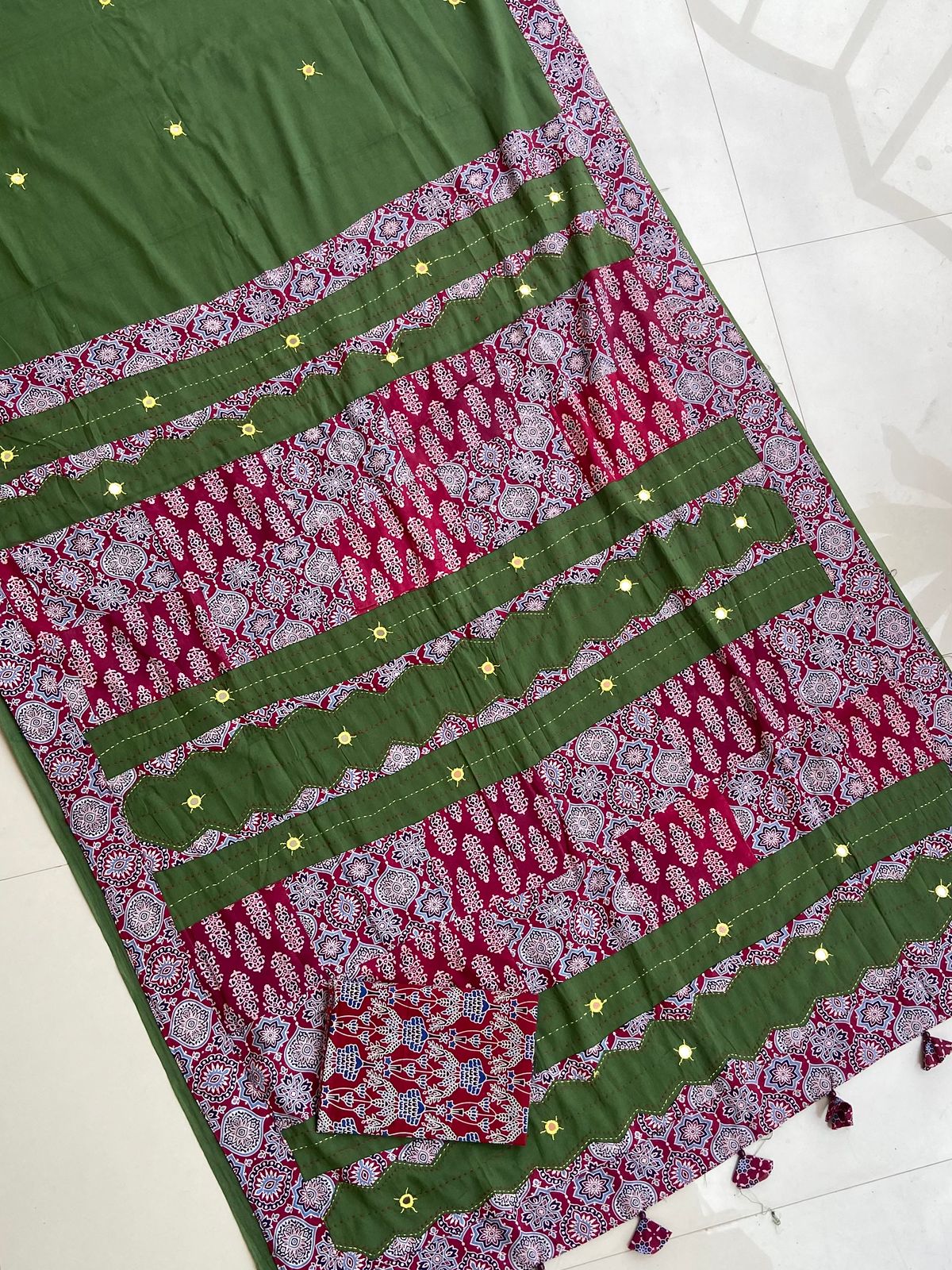 ajrakh print hand work saree